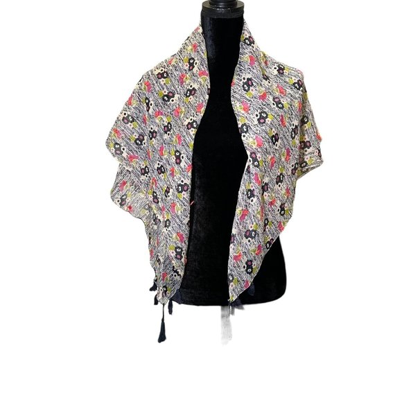 Unbranded Scarf Womens Square Black White Pink Floral Flower Tassel Semi Sheer - Picture 5 of 10